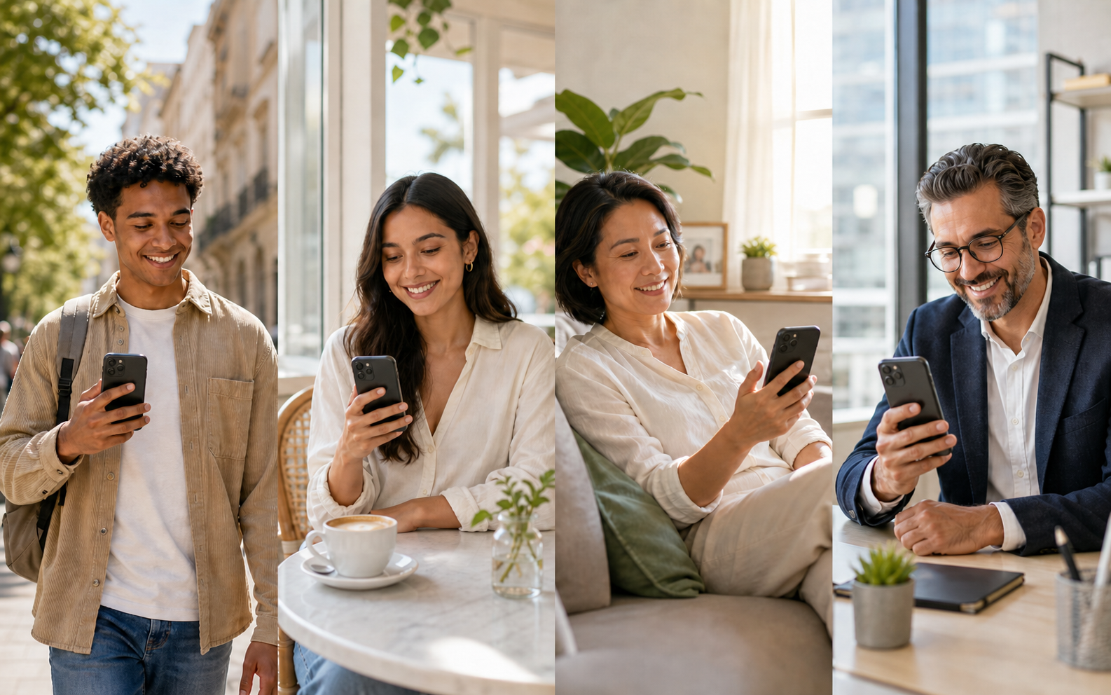A four-panel montage of diverse real people in everyday settings, each smiling at their phone, reading a message from a brand they wanted to hear from.