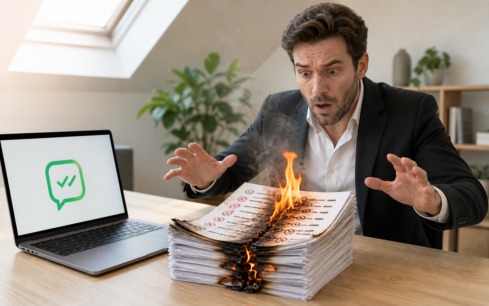 A businessperson reacts in alarm as their stack of contact list pages bursts into flames in front of them, while a laptop beside it sits oblivious showing a green messaging app icon.