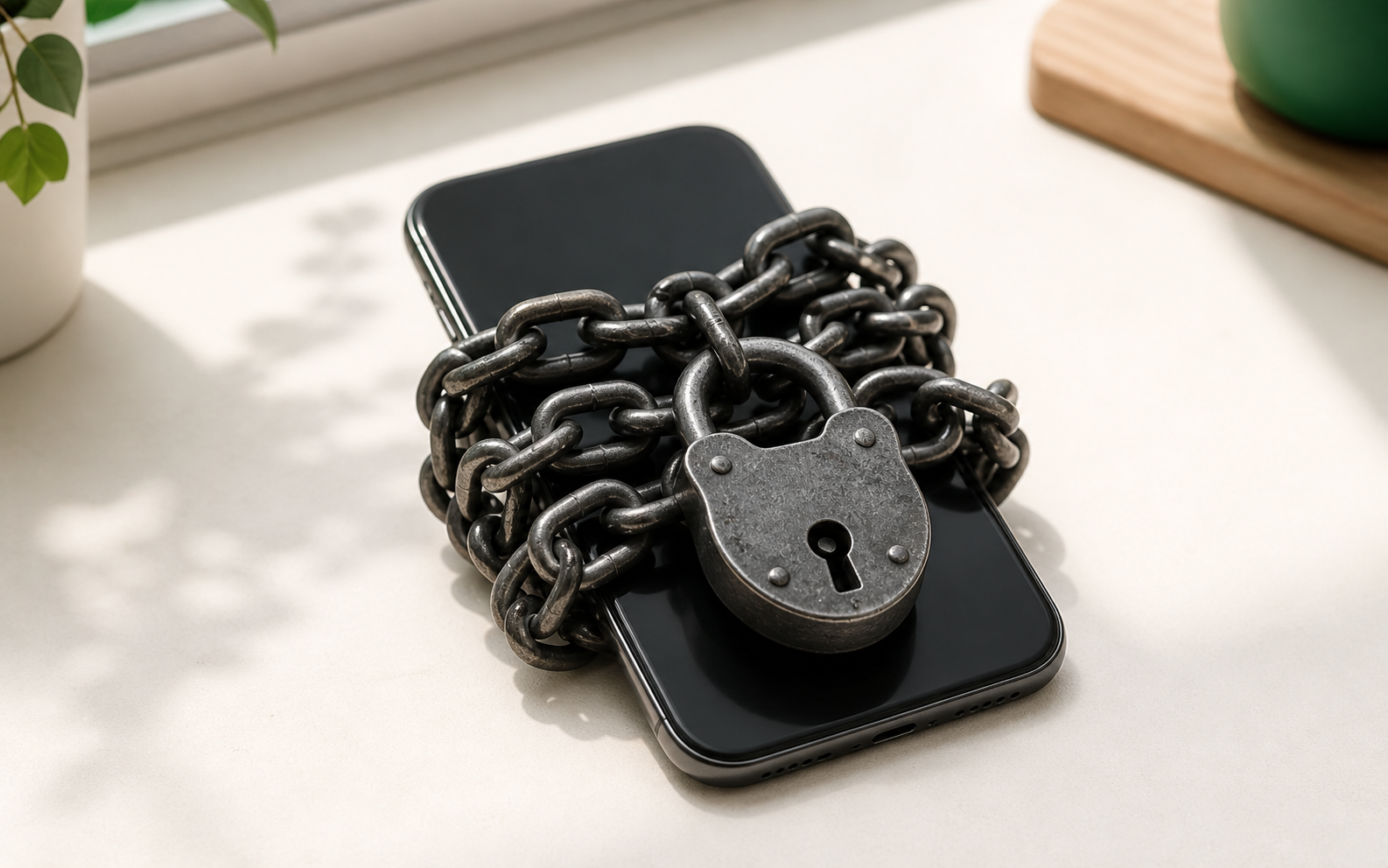 A modern smartphone wrapped in heavy iron chains and locked with a padlock, communicating that the ability to message customers is locked away.